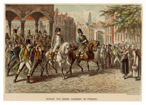 39583 Afbeelding van de intocht van keizer Napoleon te Utrecht. De keizer, vooraan de stoet te paard, wordt door het ...